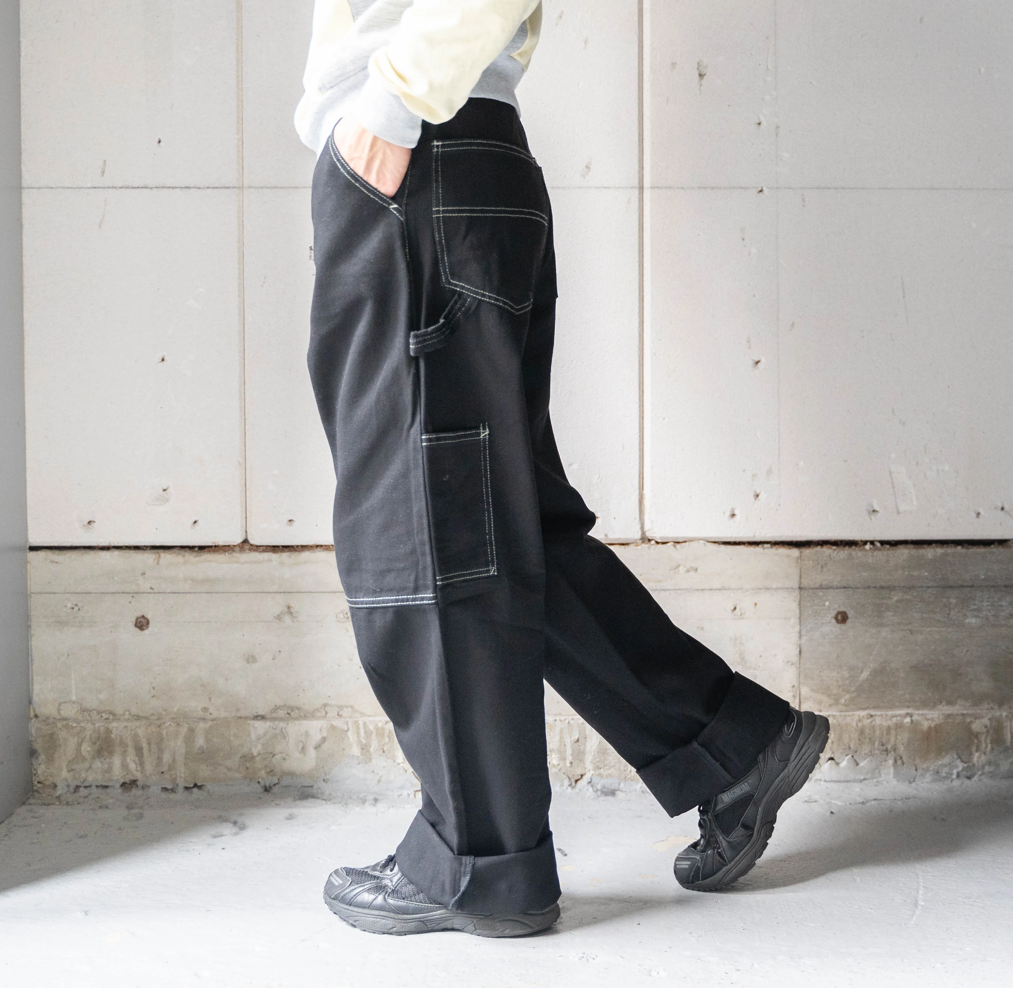 around 2000s "HERE&THERE" black baggy wide work pants -painter type- "dead stock"　